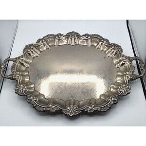 Vtg Silver Plate Serving Tray Platter Heavy Ornate Footed Handles Holiday 22"